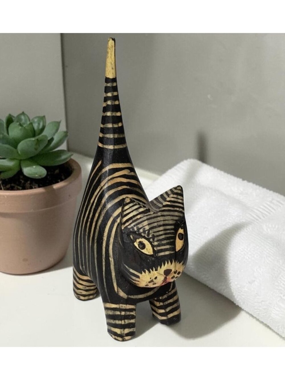 Handmade Folk Art Lightweight Wood Cat Ring Holder Striped Carved Whimsical